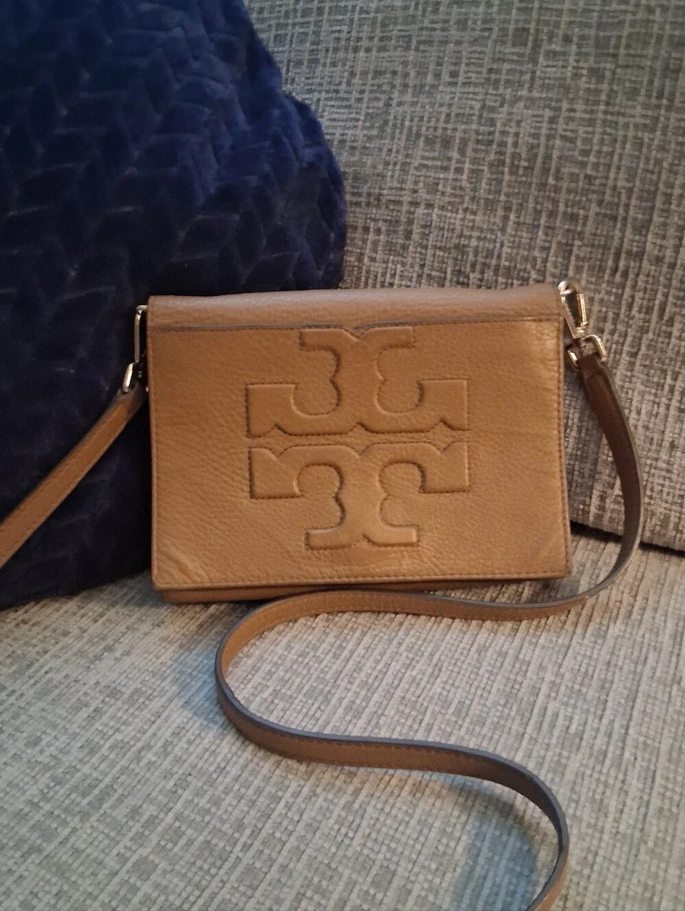 Tory Burch Cognac Bombe-T Leather Crossbody Bag with Embossed Logo